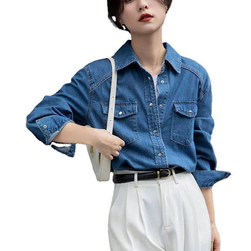 Fashion Blue Jean Shirts for Women Casual Long Sleeve Lapel Shirts Women's Blouse Elegant 100% Cotton Denim Shirt for Ladies