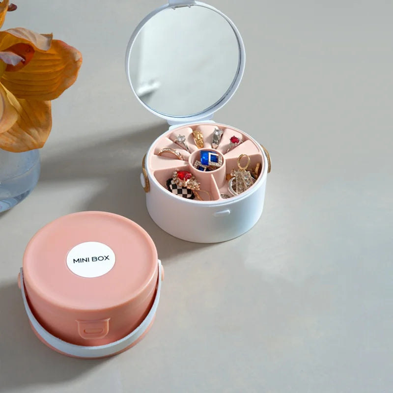 2025 New Design Portable Elegant Round Plastic Jewelry Storage Box with Leather Handle for Jewelry Storage Solution