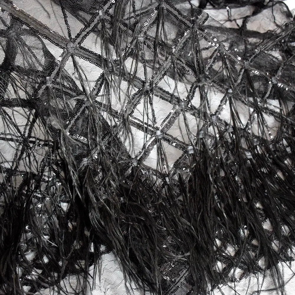 Luxury Black Feathers With Fancy Mesh Haute Couture Feather Dress Lace Fabric