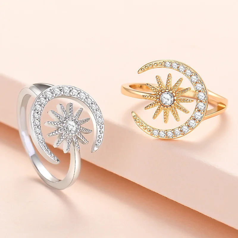 Wholesale Sun Moon Rings Women Fashion Jewelry Creative Micro Inlaid Zircon Gold Silver Opening Adjustable Ring