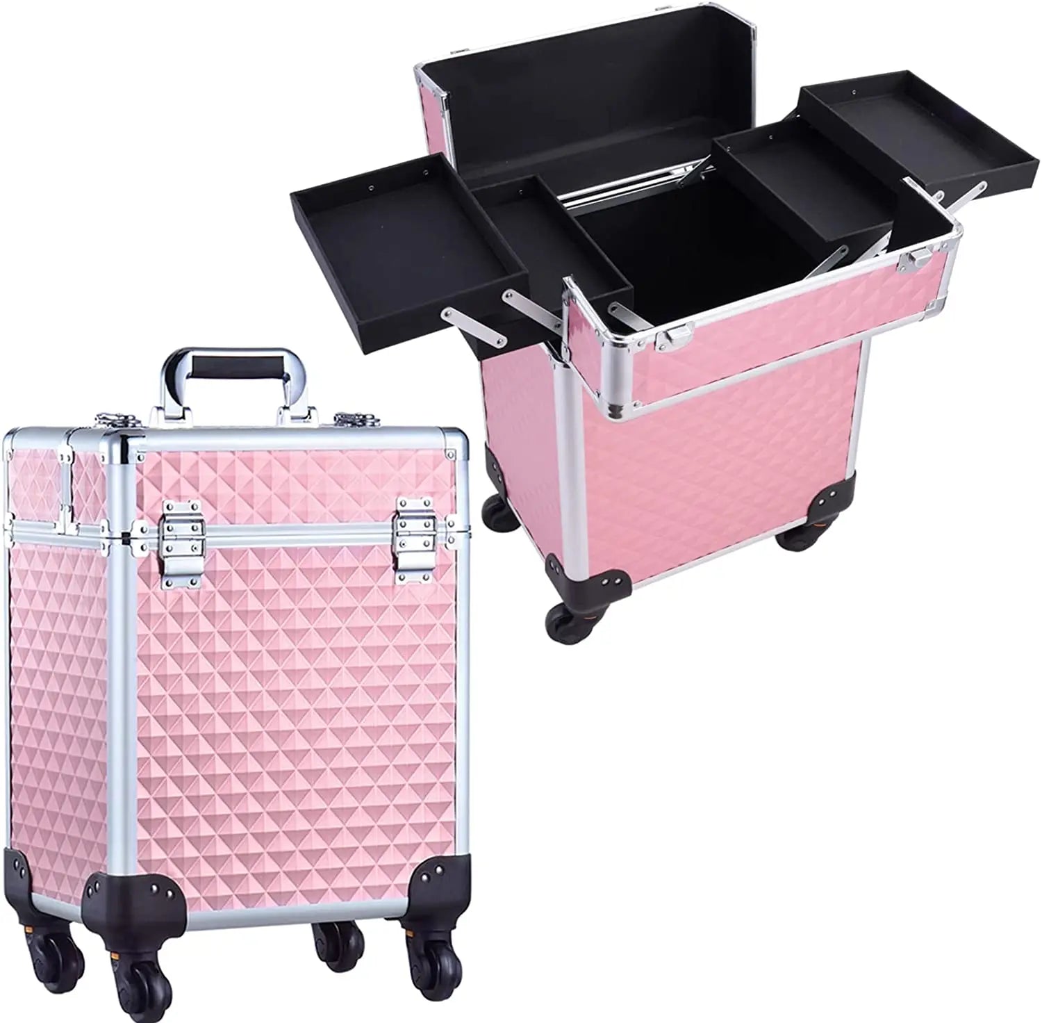 Large for Pink Rolling Train Case for Barber Fashion Style Aluminum Organized Cosmetic Trolley with Open Closure