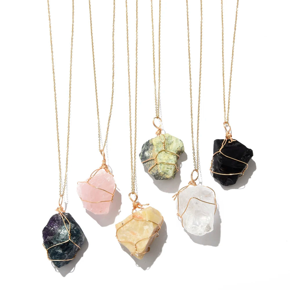 Wire Wrapped Natural Stone Birthstone Pendant Necklace Stainless Steel Irregular Healing Crystal Collar Necklace Women