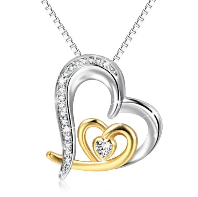 Gold Plated Endless Love Double Heart Pendant 925 Sterling Silver Necklace Gift for Women