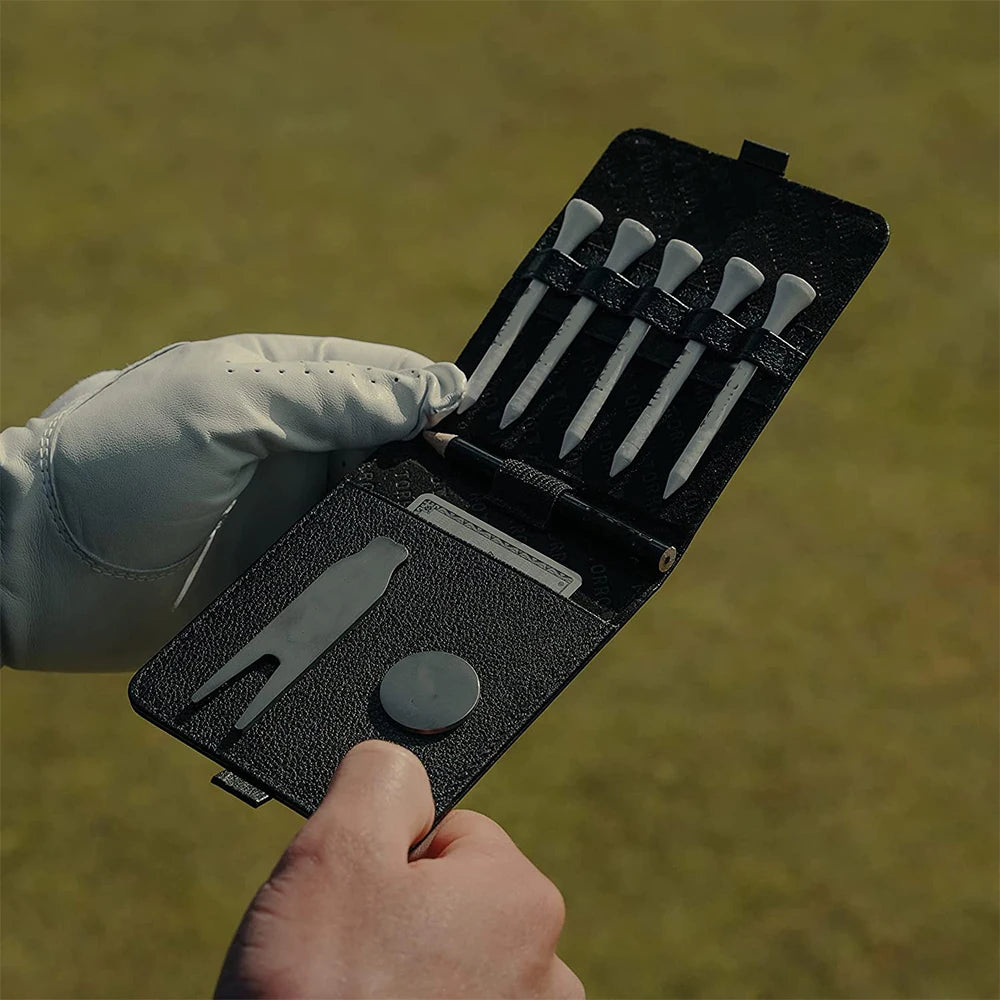 Factory Wholesale Leather Golf Accessories Wallet Set for Brushed Metal Divot Repair Tool & Ball Marker Golf Tees and Pencil