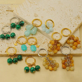 New Vintage Non Tarnish Stainless Steel Hoop 18K Gold Plated Natural Stone Malachite Dangle Earring for Women Jewelry