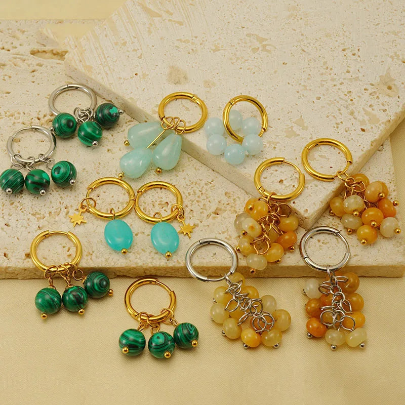 New Vintage Non Tarnish Stainless Steel Hoop 18K Gold Plated Natural Stone Malachite Dangle Earring for Women Jewelry