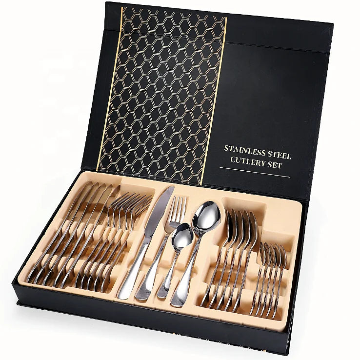 Cutlery Box Service for 6Include Knife Fork Spoon Luxury Silver 24 Piece Stainless Steel Gold Cutlery Flatware Set