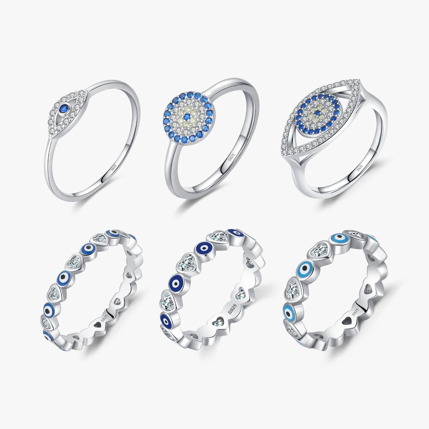 Sparkling Clear Cubic Zirconia Rings for Women Fine Fashion Jewelry 925 Sterling Silver Delicate Blue Ghost Evil Eyes Ring