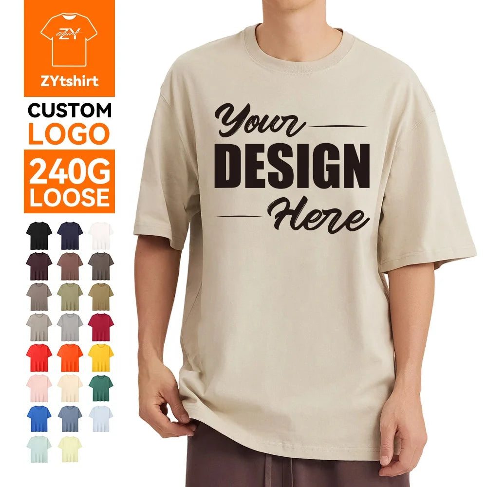 ZYtshirt Wholesale Custom Logo Printing 240GSM 100% Cotton Loose Crew Neck T-Shirt for Casual Unisex Wear