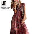 OEM New Women Bohemian Maxi Dress - Elegant Pattern Print Party Dress with Puff Short Sleeve Summer Beach Wedding Guest Dress