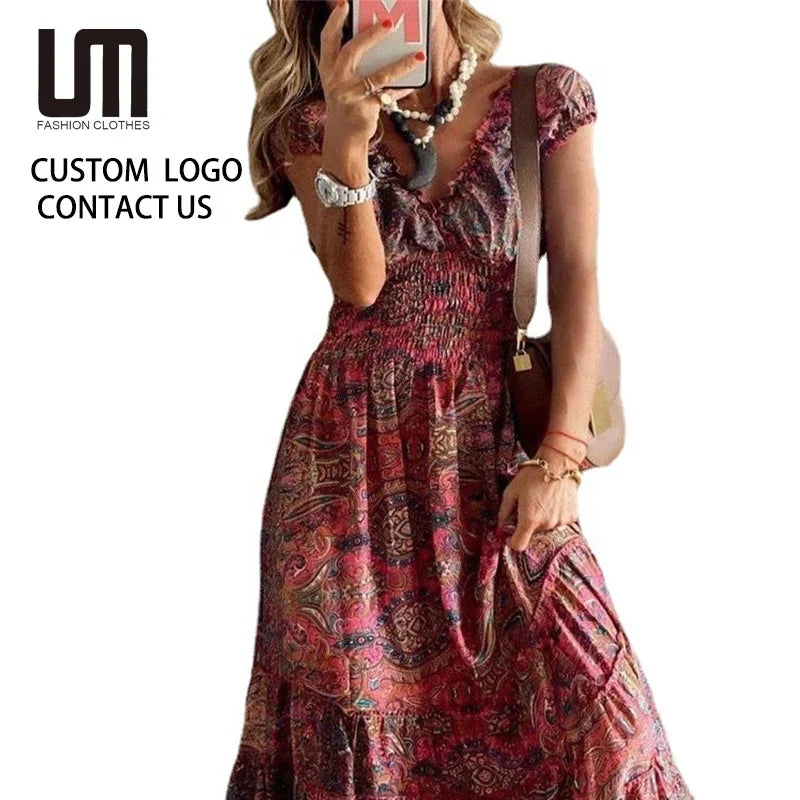 OEM New Women Bohemian Maxi Dress - Elegant Pattern Print Party Dress with Puff Short Sleeve Summer Beach Wedding Guest Dress