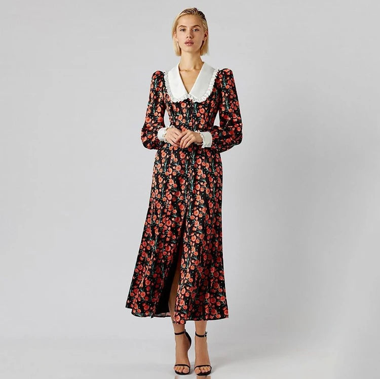2023 Spring New Collection Casual High Waist Ladies Vintage Dresses Vacation Elegant Long Sleeve Floral Maxi Dress