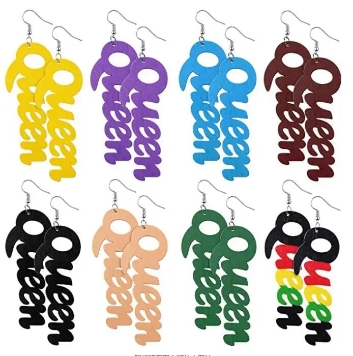 New Fashion Colorful African Wood Letter Earrings Geometric Hollow Letter Queen Drop Earring for Girls