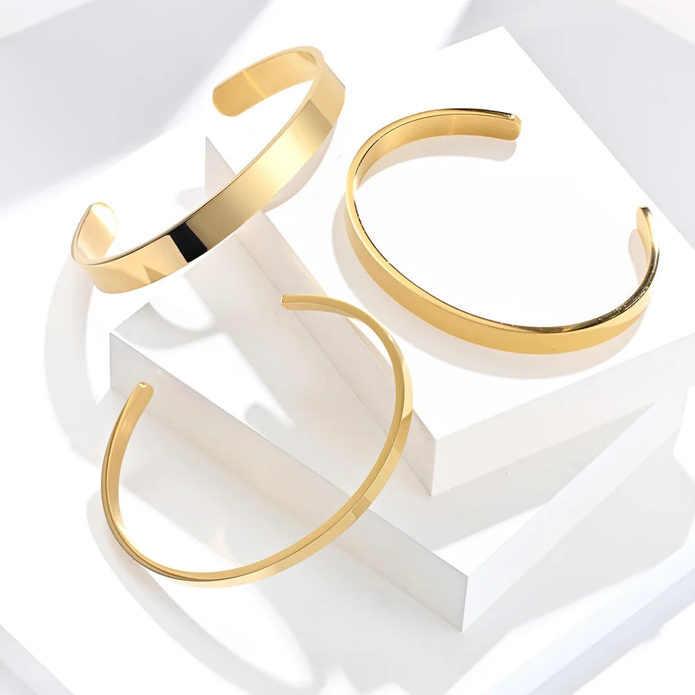 Casual Sporty Custom Logo Engraved Geometric Stainless Steel C Shape Bracelet 18k Gold Plated Bangle Fashion Accessory