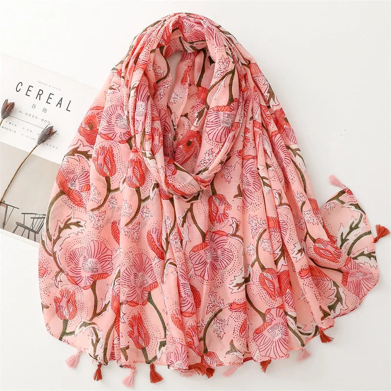 New Arrival Large Soft Cotton Voile Scarf Wrap With Tassels Muslim Hijabs Pink Flower Printed Cotton Scarves Women Shawls