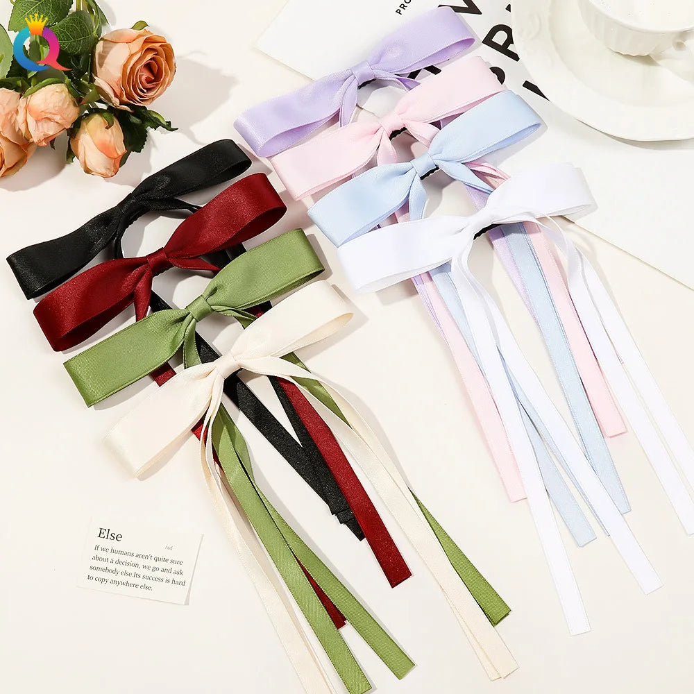 QIYUE Women's Hair Accessory Solid Color Hair Bows Ribbon with Hair Clip Bowknot Tassel Stylish Hair Clips