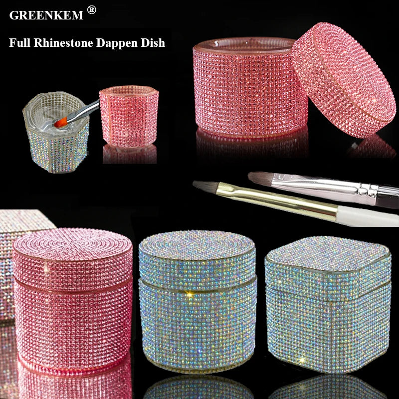 New Full Rhinestone Nail Dappen Dish with Lid Shiny Crystal Brush Cleaning Cup Storage Liquid Monomer Glass Cup Nail Dappen Dish