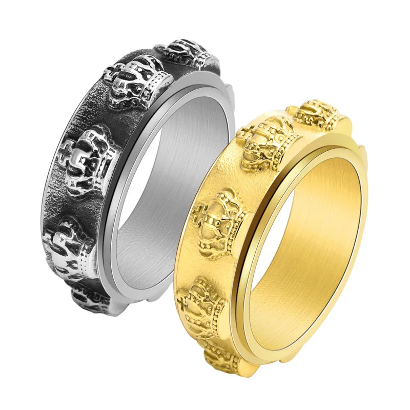 Anillos De Hombre Acero Inoxidable Stainless Steel Anti Stress Ring 3D Crown Rotating Fidget Ring Release Pressure Rings