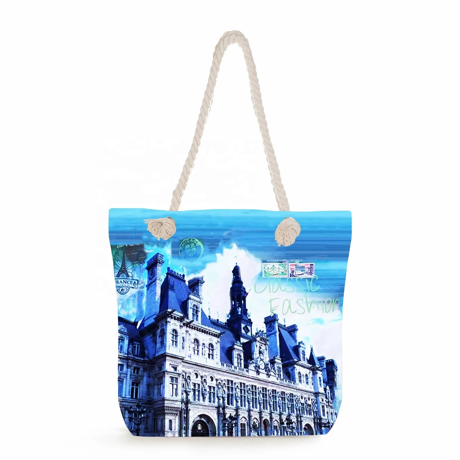 2023 New Rope Creative Tower Print Fashionable Lady Shoulder Travel Portable Handbag Tote Bag