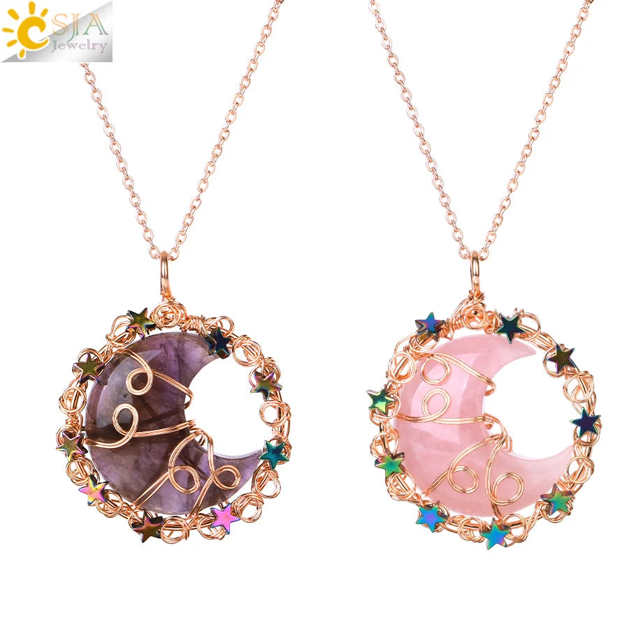CSJA Wholesale Handmade Crescent Moon Star Natural Stone Wrapped Crystal Necklace Pendant for Jewelry Making H028