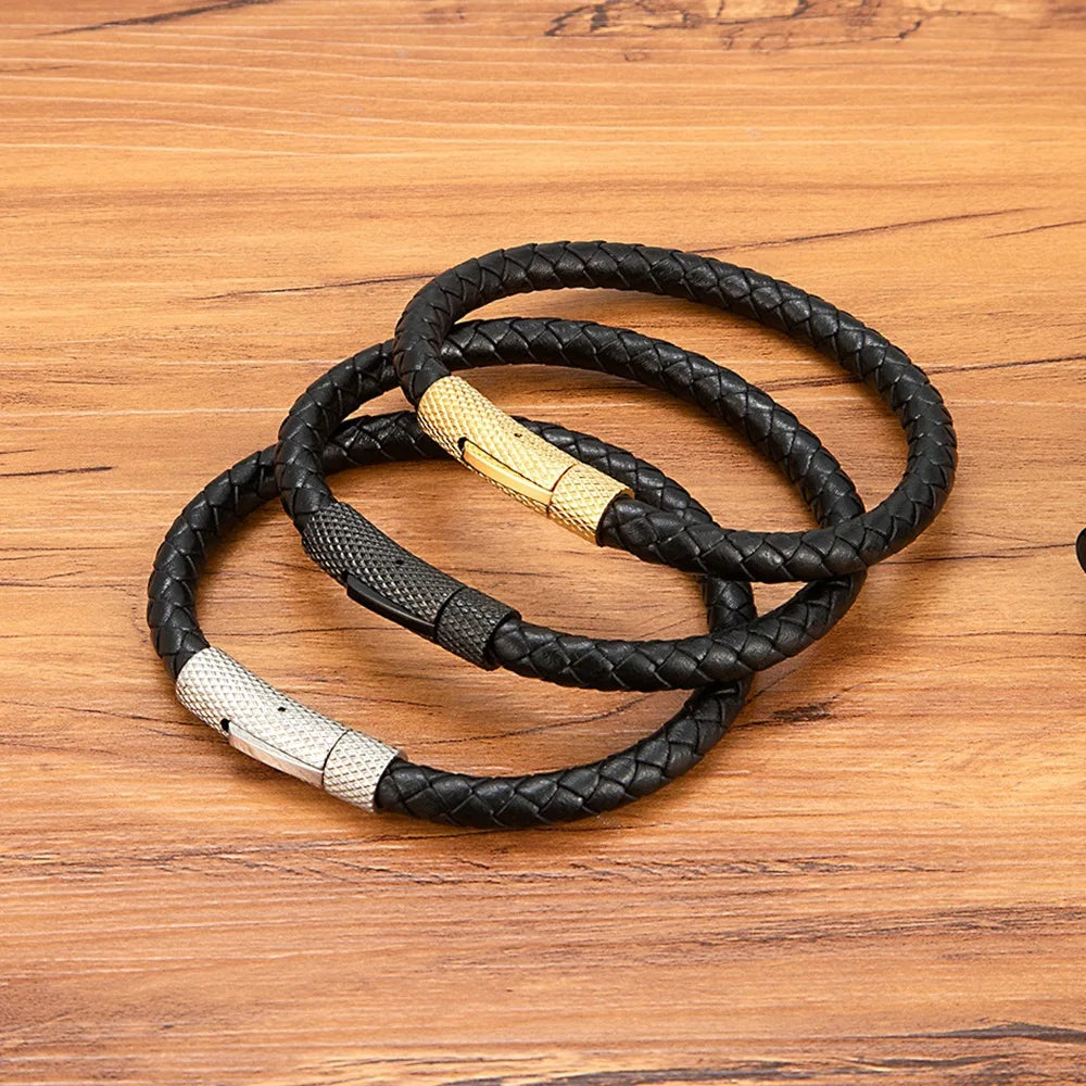 Simple Design Handmade Braided Genuine Leather Cord Wristband Mens Magnetic Buckle Bracelet for Women and Men Great Gift