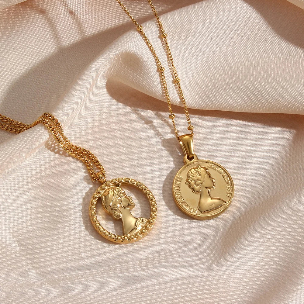 Stainless Steel Disc Pendant Necklace Hollow Portrait Necklace Stainless Steel Necklace Design Jewelry