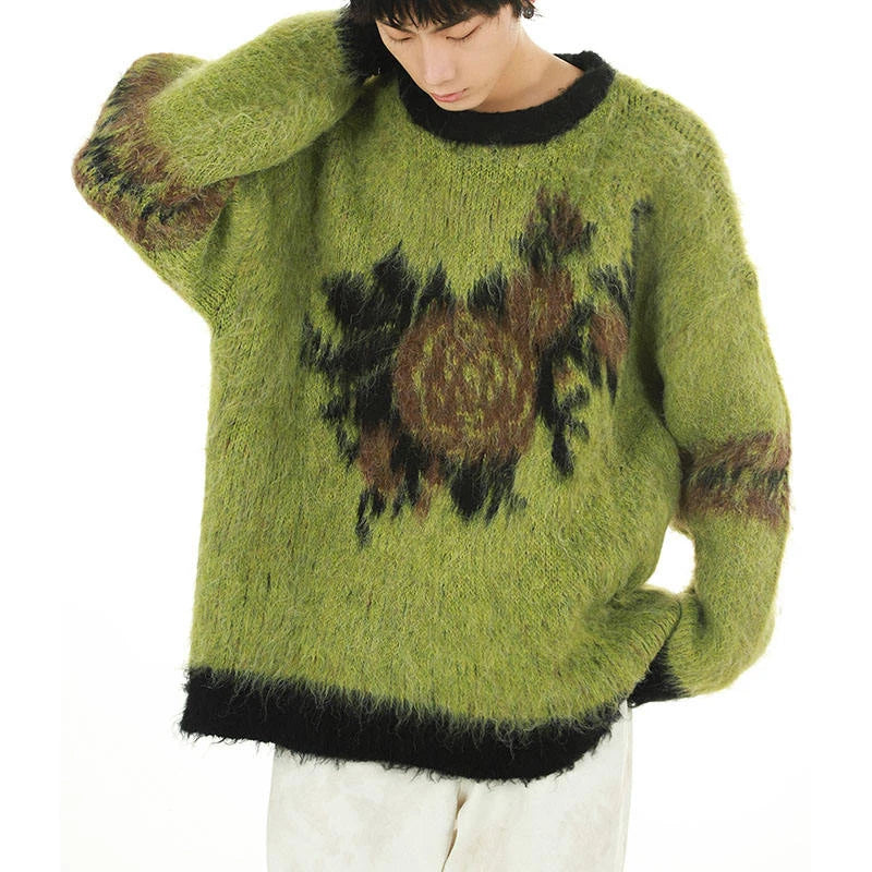 Mohair Pullover Men's Artistic Patterned Loose - Fit Fluffy Knitted Sweater Casual - Chic Statement Piece for Daily Fashion