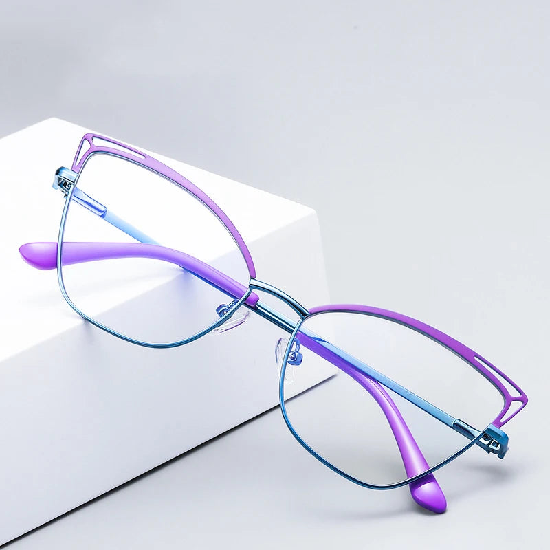 2025 Women Glasses Cat-Eye Metal Spectacle Frame Hollowed Out Design Candy Color Computer Eyeglasses 3038