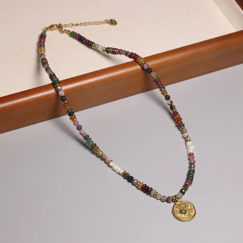 Minimalist Bohemian Natural Colorful Tourmaline Beaded Necklace Choker for Women Healing Stone Tourmaline Beaded Pendent Choker