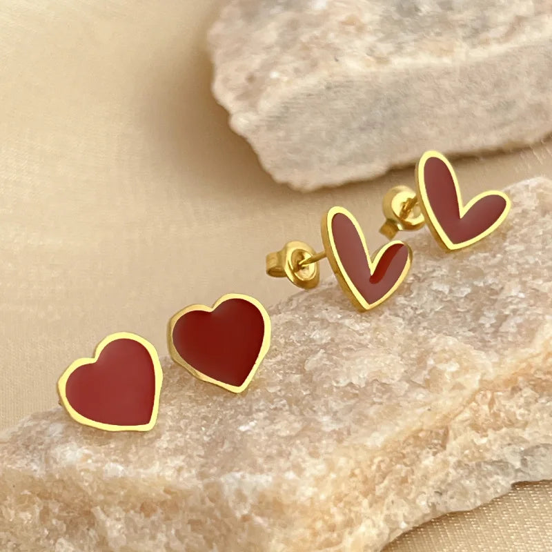 Stainless Steel Earrings for Women  Inoxydable 18K Gold PVD Enamel Red Fashion Heart Stud Earrings for Engagement for Party
