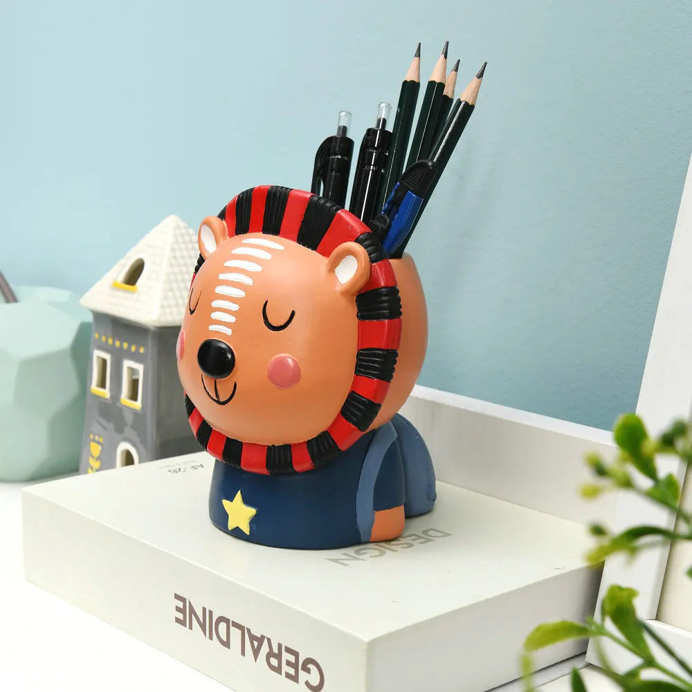 Multifunctional Cute Desk Animal Storage Resin Lion Pen Holder Kids Room Table Organizer Accessories
