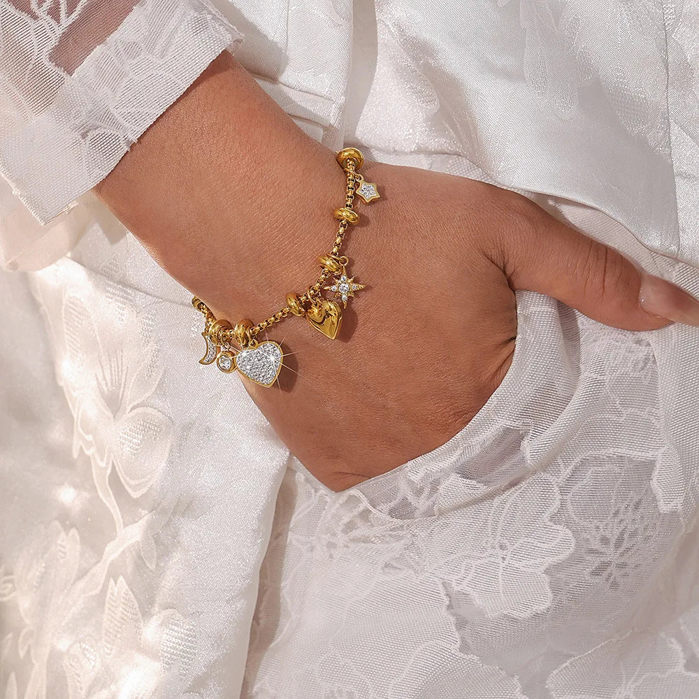 Ilona Hot Selling Luxury Heart Charm Bracelet Bangle Women Fashion 18k Gold Plated Jewelry Bracelets