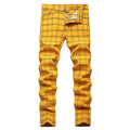 RNSHANGER Men Elastic Jeans British Style Personality Digital Printing Color Plaid Middle Waist Leisure Slim Hip Hop Denim Pants
