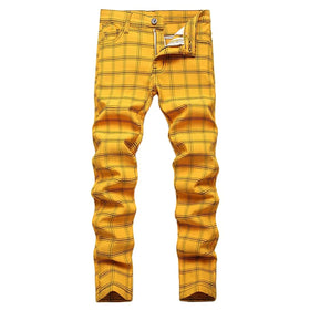 RNSHANGER Men Elastic Jeans British Style Personality Digital Printing Color Plaid Middle Waist Leisure Slim Hip Hop Denim Pants