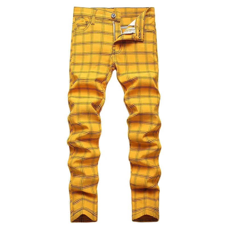 RNSHANGER Men Elastic Jeans British Style Personality Digital Printing Color Plaid Middle Waist Leisure Slim Hip Hop Denim Pants