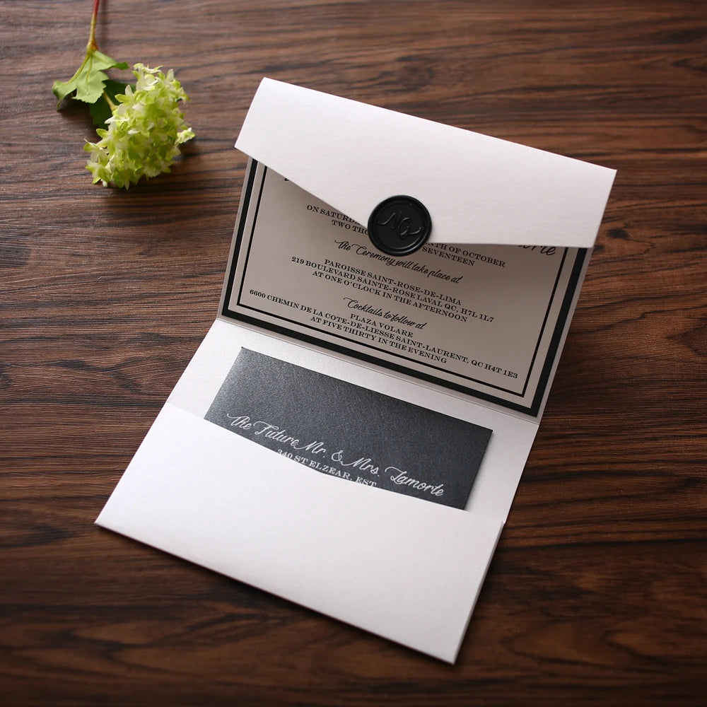 2026 New Design White and Black Paper Pocket Letter Wax Seal Luxury Paper Invitations With RSVP Handmade Wedding Stationery