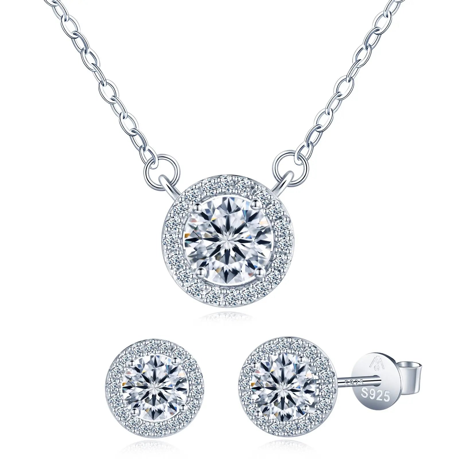 Gra Diamond 1ct 6.5mm Halo Real Moissanite Gold 925 Sterling Silver Women's Engagement Wedding Gift Ring Earring Necklace Set