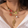 New Fashion Stainless Steel Ocean Flower Multi-pendant Beaded Cotton String Necklace for Women All-match Fun Style Necklace