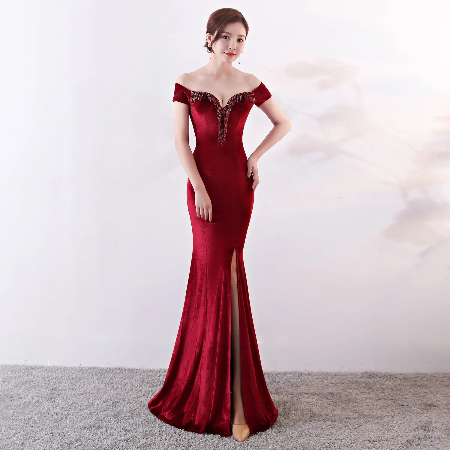 1006# Long Velvet Slim Dignified Atmosphere Banquet Evening Dress Women Annual Meeting Host Skirt