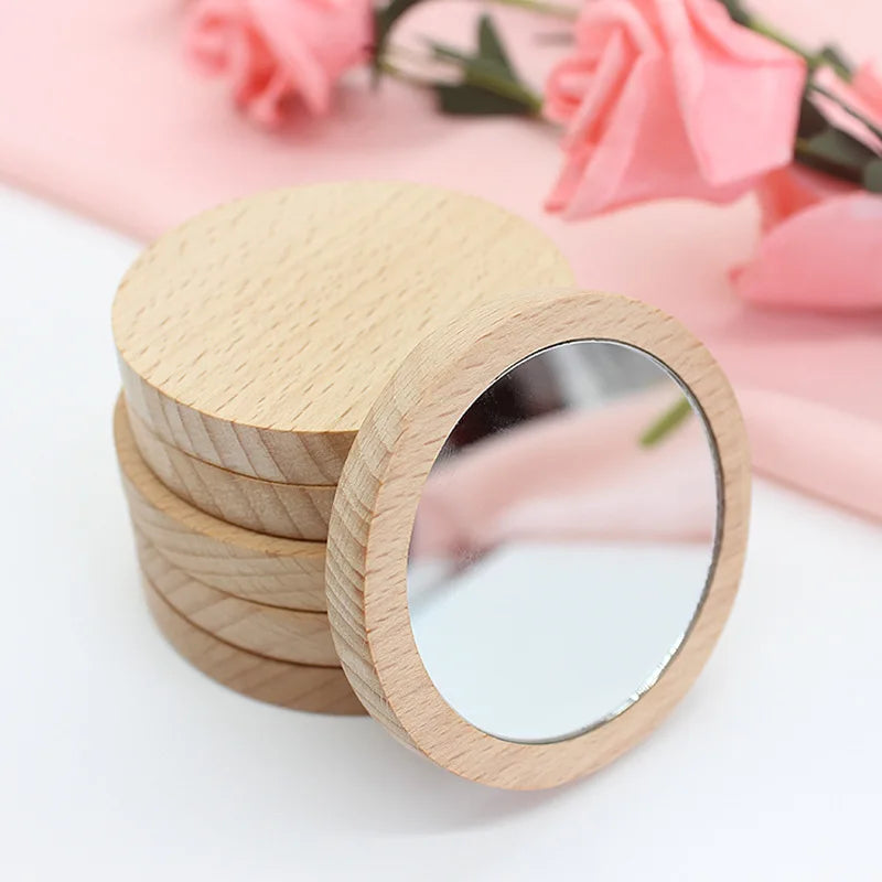 Makeup Mirror Silver Round Cosmetic Mirror Wooden Hand Mirror Frame Custom Logo Wholesale Pocket Wooden Korea Support