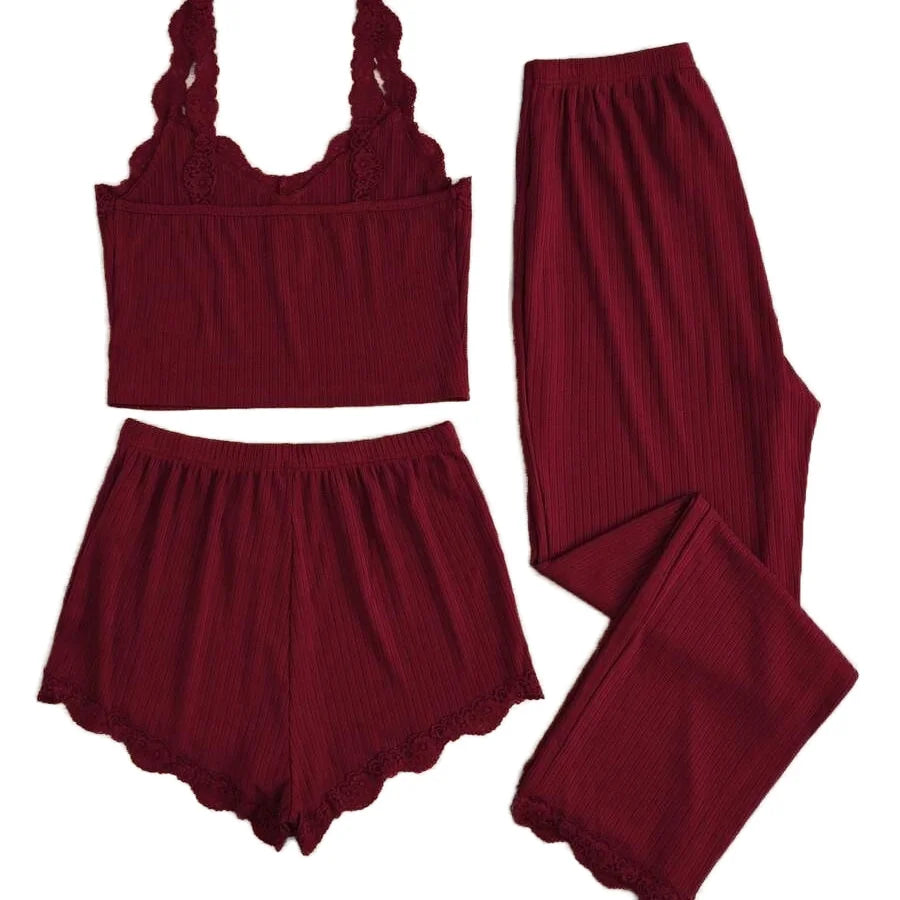 Hot Selling Luxury Elegant Soft Smooth Breathable Solid Summer Lace Suspender Vest Knitted 3-Piece Slim-Fit Ladies' Pajamas