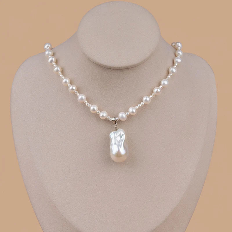 Natural White Freshwater Pearl Necklace with Baroque Pendant Mix Size 8mm and 3mm Round Pearls Loose Beads Jewelry