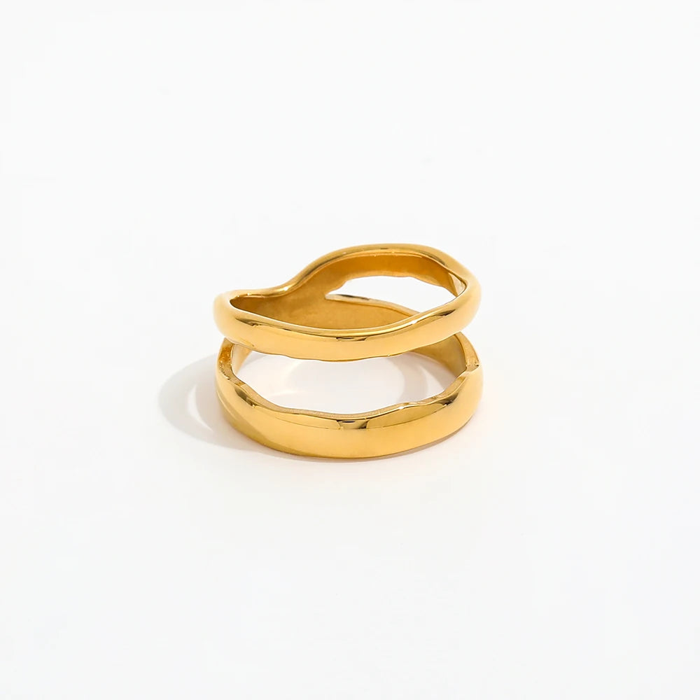 High End 18K PVD Gold Plated Double Layer Irregular Rings Stainless Steel Women Rings Tarnish Free Fashion Jewelry