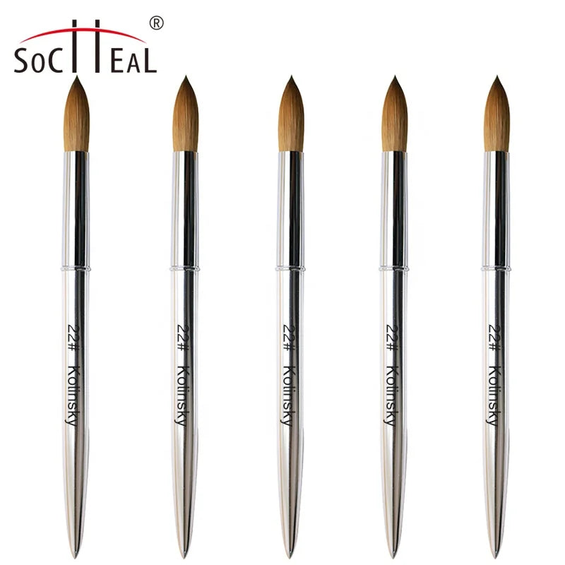 Professional Custom Logo Silver Metal Rod Kolinsky Hair Round Acrylic Nail Art Pincele Design Brush-Socheal AL-049 (#6-#22)