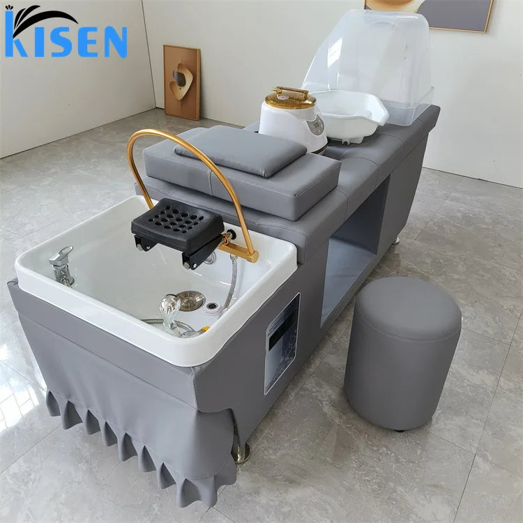 Hot Sale PU Leather Hair Washing Lay Down Table Shampoo Bed for Hair Beauty Salon Thai Style with Chair Stool Color Optional
