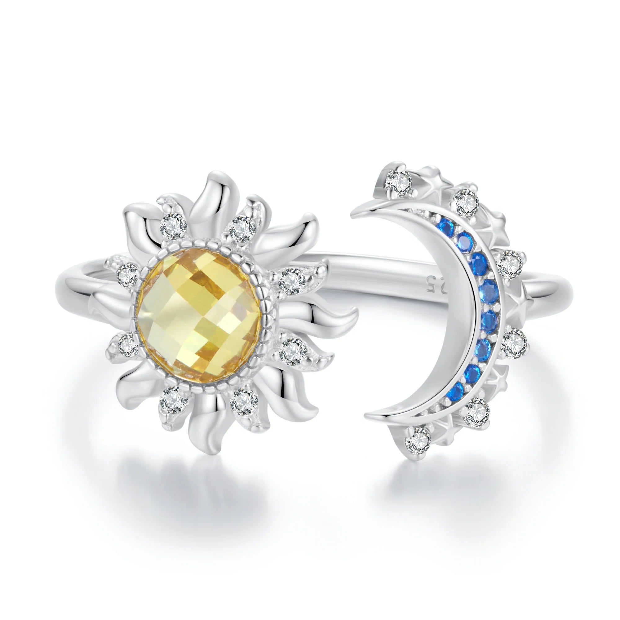 Jiang Yuan Fine S925 Silver Jewelry Sun and Moon Folding Ring with Diamond 925 Sterling Silver Jewelry Opening Ring for Women