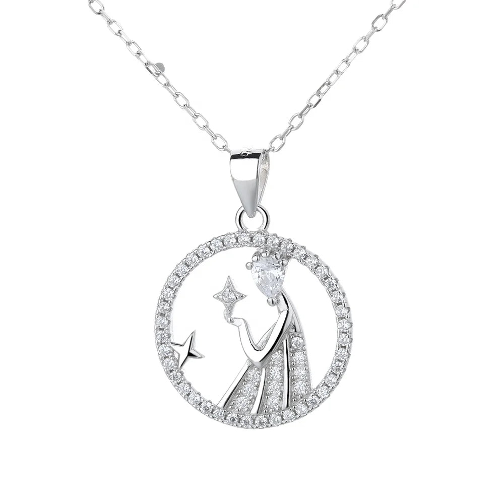 Round Shape 925 Silver  Cz Zodiac Virgo Pendant Necklace Design