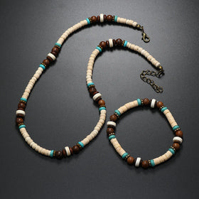 2024 Summer Trendy Surfers Handmade Wooden Turquoise Beaded Necklace Bracelets Boho Coconut Shell Choker for Men