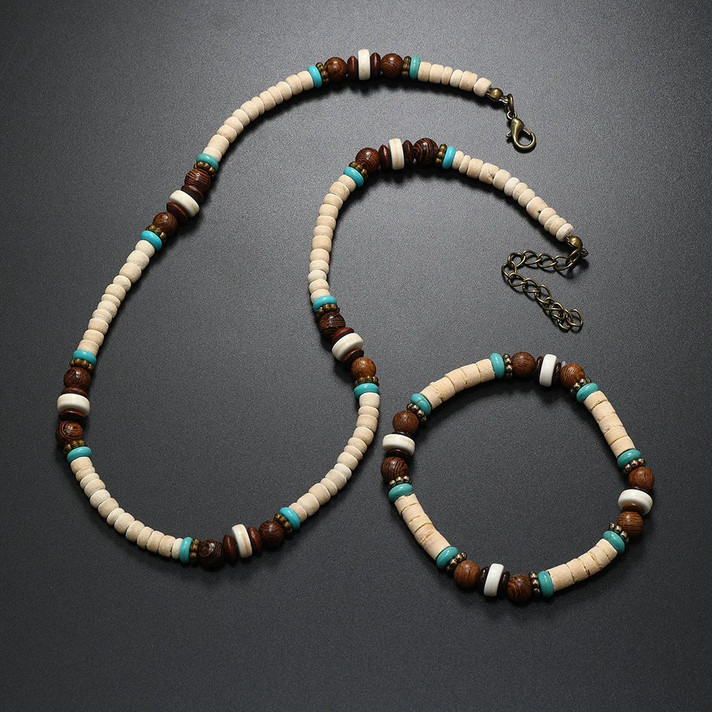 2024 Summer Trendy Surfers Handmade Wooden Turquoise Beaded Necklace Bracelets Boho Coconut Shell Choker for Men