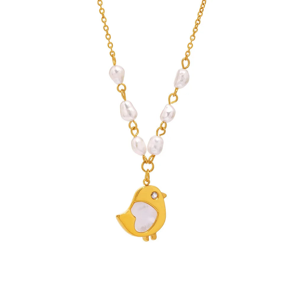 Mystery Shell Chicken Design Stainless Steel Necklace Natural Freshwater Pearl Link Gold Plated Jewelry for Female for Gift